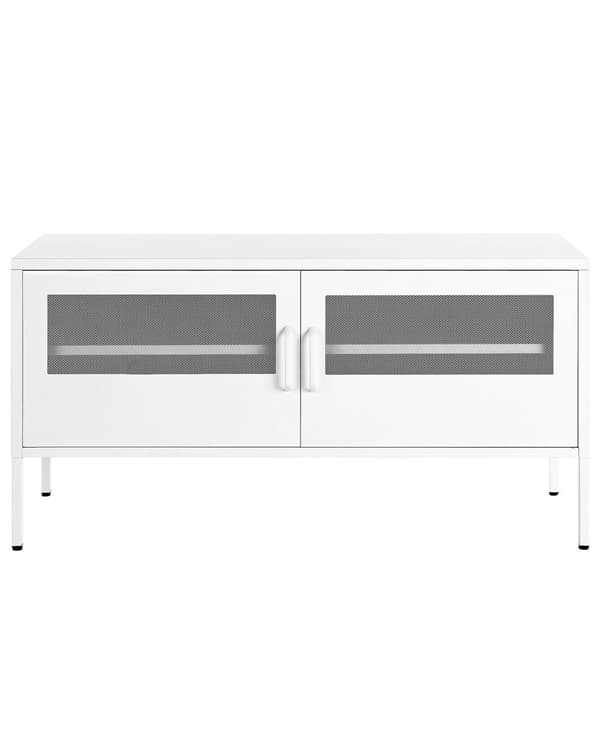 Skjenk Hvit Stål Metall 118 x 40 cm Nettingdører Gulvbeskyttelse Kabelgjennomføring TV-benk Stue Kontor Industrielt design Moderne