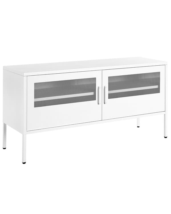 Skjenk Hvit Stål Metall 118 x 40 cm Nettingdører Gulvbeskyttelse Kabelgjennomføring TV-benk Stue Kontor Industrielt design Moderne
