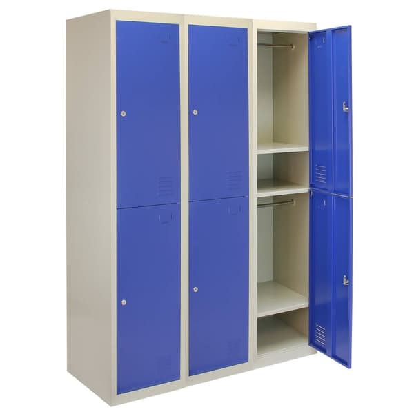 3 x Förvaringsskåp i Metall med 2 x Blå Låsbara Ventilerade Dörrar Plattpackad Omklädningsrum Personalrum Gym Skola 45cm (d) x 38cm (b) x 180cm (h)