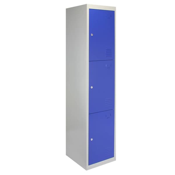 3 x Förvaringsskåp i Metall med 3 x Blå Låsbara Ventilerade Dörrar Plattpackad Omklädningsrum Personalrum Gym Skola 45cm (d) x 38cm (b) x 180cm (h)