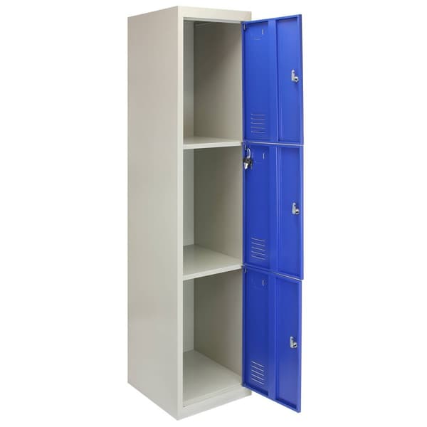 3 x Förvaringsskåp i Metall med 3 x Blå Låsbara Ventilerade Dörrar Plattpackad Omklädningsrum Personalrum Gym Skola 45cm (d) x 38cm (b) x 180cm (h)