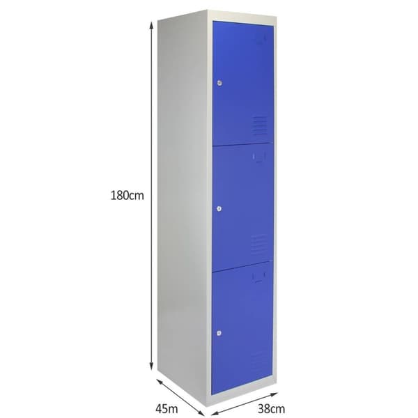 3 x Förvaringsskåp i Metall med 3 x Blå Låsbara Ventilerade Dörrar Plattpackad Omklädningsrum Personalrum Gym Skola 45cm (d) x 38cm (b) x 180cm (h)