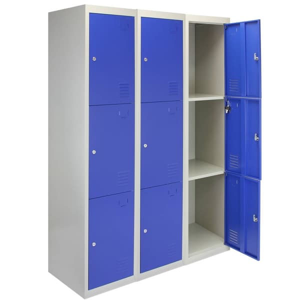 3 x Förvaringsskåp i Metall med 3 x Blå Låsbara Ventilerade Dörrar Plattpackad Omklädningsrum Personalrum Gym Skola 45cm (d) x 38cm (b) x 180cm (h)