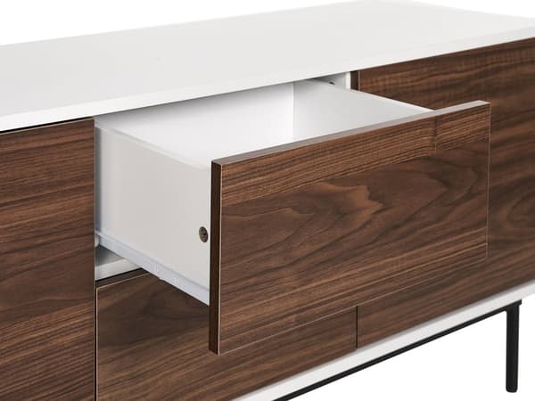 Senkki tumma puu valkoinen 120 x 55 x 38 cm lastulevy teräs laatikot kaapit hyllyt moderni