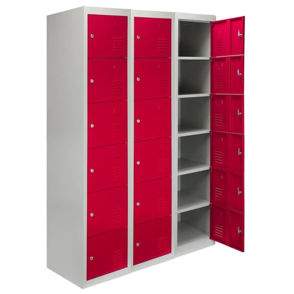 3 x Förvaringsskåp i Metall med 6 x Röda Låsbara Ventilerade Dörrar Plattpackad Omklädningsrum Personalrum Gym Skola 45cm (d) x 38cm (b) x 180cm (h)