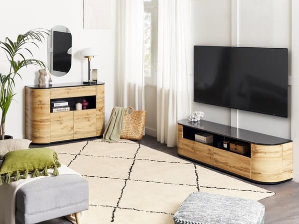 Senkki vaalea puu musta 120 x 83 x 40 cm MDF-levy 4 ovea hyllyt laatikko rustiikkinen boho