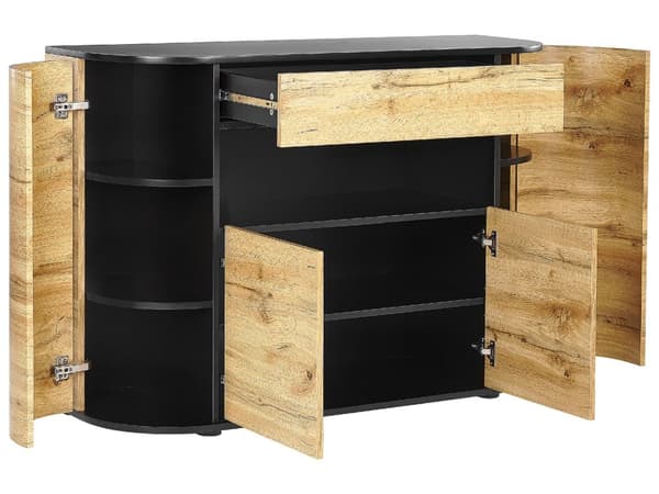 Senkki vaalea puu musta 120 x 83 x 40 cm MDF-levy 4 ovea hyllyt laatikko rustiikkinen boho