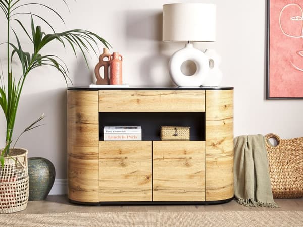 Senkki vaalea puu musta 120 x 83 x 40 cm MDF-levy 4 ovea hyllyt laatikko rustiikkinen boho
