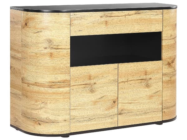 Senkki vaalea puu musta 120 x 83 x 40 cm MDF-levy 4 ovea hyllyt laatikko rustiikkinen boho