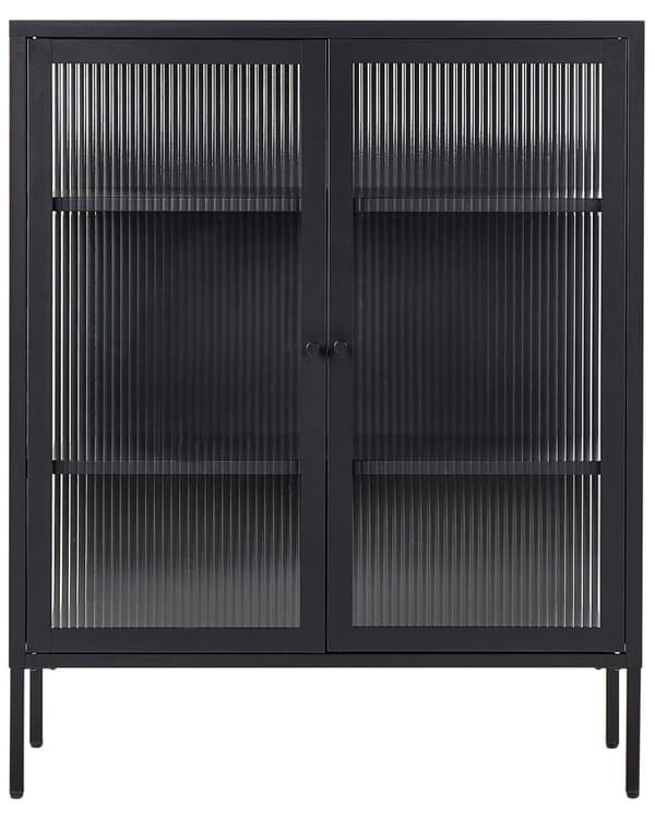 Vitriinikaappi musta 90 x 111 x 35 teräs lasi 3 hyllyä 2 ovea astiakaappi moderni industriaalinen