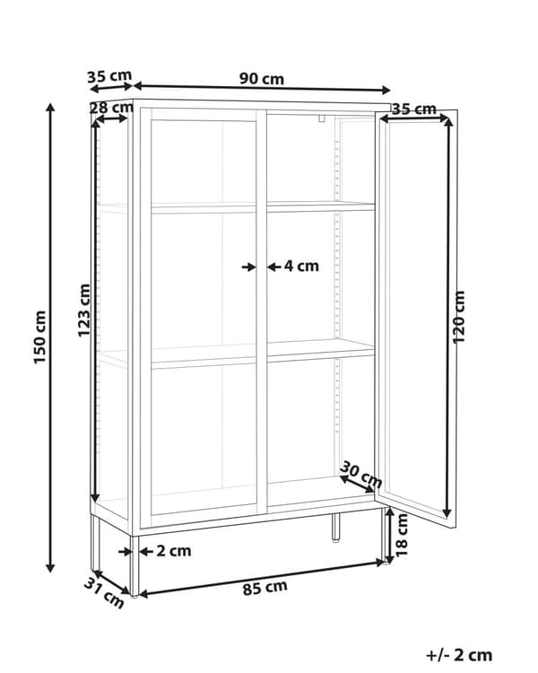 Vitriinikaappi valkoinen 90 x 150 x 35 teräs lasi 3 hyllyä 2 ovea astiakaappi moderni industriaalinen