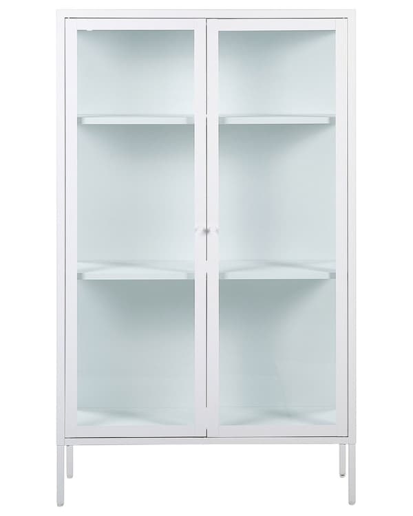 Vitriinikaappi valkoinen 90 x 150 x 35 teräs lasi 3 hyllyä 2 ovea astiakaappi moderni industriaalinen
