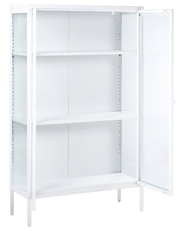 Vitriinikaappi valkoinen 90 x 150 x 35 teräs lasi 3 hyllyä 2 ovea astiakaappi moderni industriaalinen