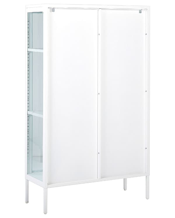 Vitriinikaappi valkoinen 90 x 150 x 35 teräs lasi 3 hyllyä 2 ovea astiakaappi moderni industriaalinen