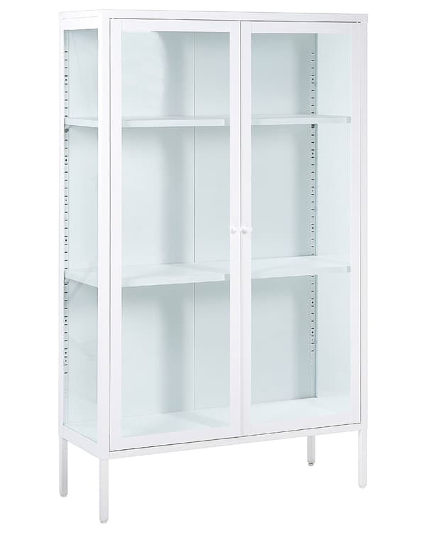 Vitriinikaappi valkoinen 90 x 150 x 35 teräs lasi 3 hyllyä 2 ovea astiakaappi moderni industriaalinen