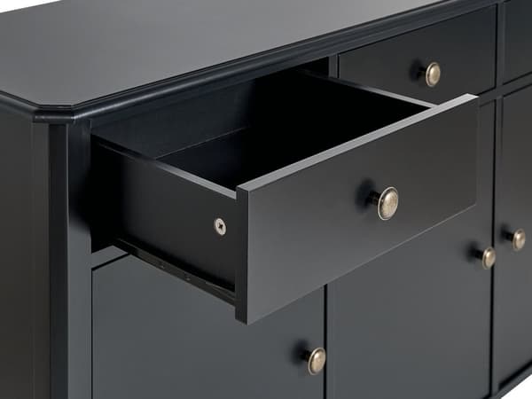 Kommode Sort Guld MDF Skænk til Pigeværelse Indretning Skuffer Døre Opbevaring Stue Møbel Smal Design