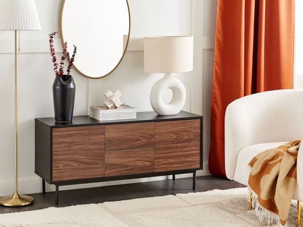 Skænk Sort Mørkt Træ Kommode med Skuffer og Låger Opbevaring Tilbehør til Stuen Lav Tvbænk Minimalistisk Design