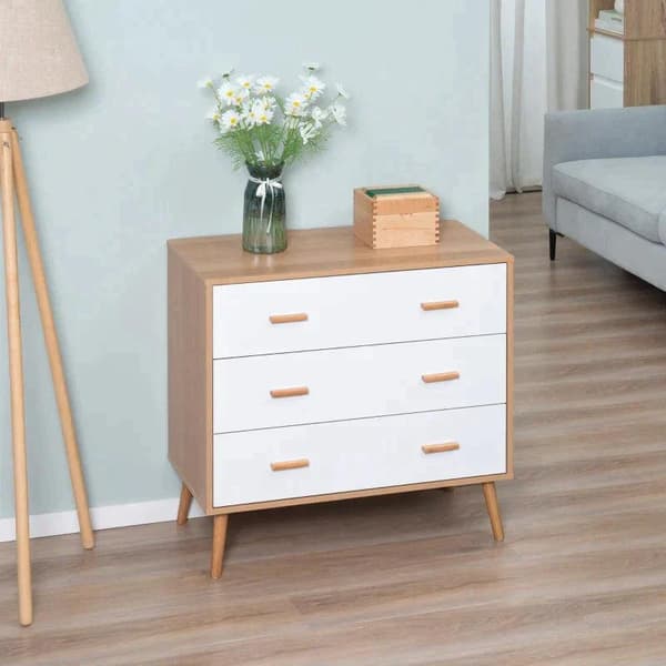 Rootz kommode - Opbevaringsskabe - Med 3 skuffer - Spånplade - Hvid + Natur - 80 cm x 39 cm x 80 cm