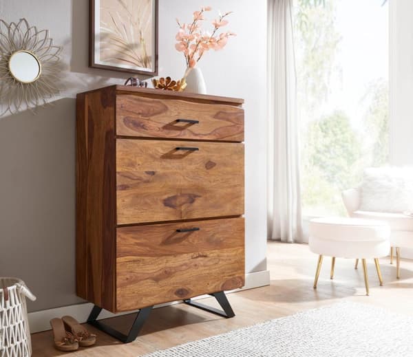 Rootz kommode 80x120x41,5 cm massivt sheesham træ - metal hall kommode - Skænk Highboard med trækant - Kommode skab træ moderne - Stående skab skænk k