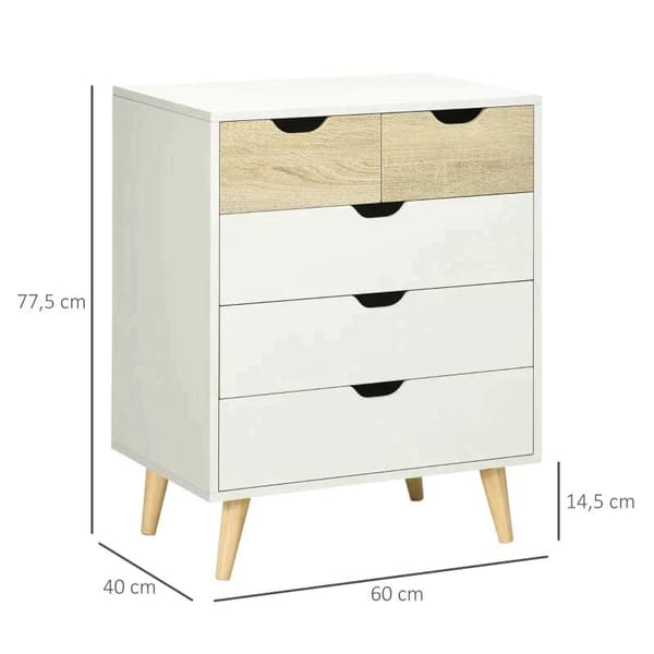 Rootz Lipasto - Kaappi - 5 laatikkoa - Kallistumaton - Moderni muotoilu - Mänty - Valkoinen + Vaaleanruskea - 60 x 40 x 77,5 cm