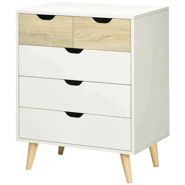 Rootz Lipasto - Kaappi - 5 laatikkoa - Kallistumaton - Moderni muotoilu - Mänty - Valkoinen + Vaaleanruskea - 60 x 40 x 77,5 cm