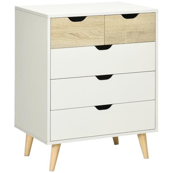 Rootz Lipasto - Kaappi - 5 laatikkoa - Kallistumaton - Moderni muotoilu - Mänty - Valkoinen + Vaaleanruskea - 60 x 40 x 77,5 cm