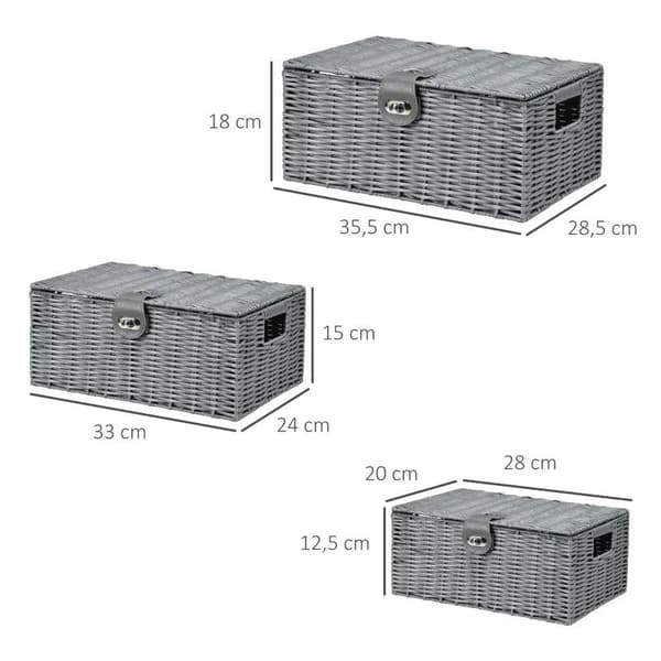 Rootz Säilytyskorit - 3 säilytyskoria - Valmistettu PE-rottinkista - Suljettava - Kantokahvat - Harmaa - 35,5 cm x 28,5 cm x 18 cm