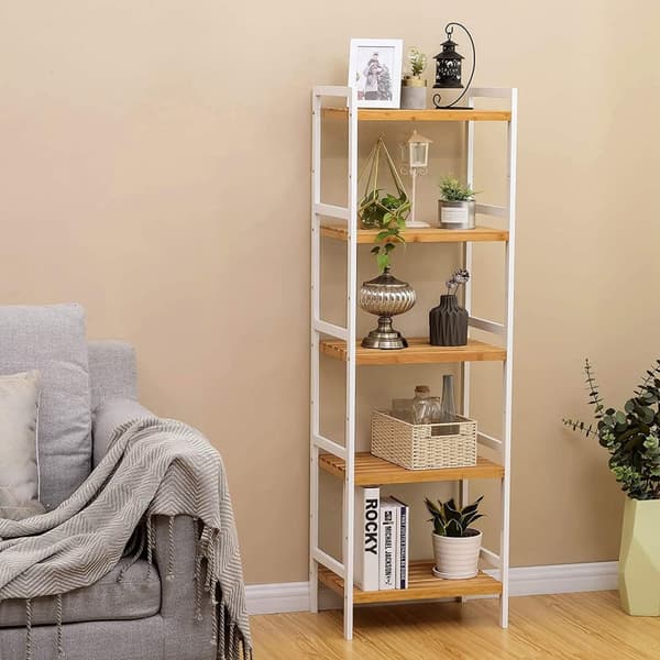 Rootz-hyllytaso - Säilytysteline - Keittiökaappi - Bambu - Valkoinen - Beige - 5 tasoa - 45 x 31,5 x 142 cm