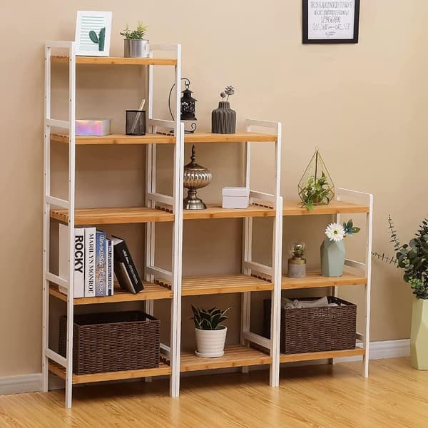 Rootz-hyllytaso - Säilytysteline - Keittiökaappi - Bambu - Valkoinen - Beige - 5 tasoa - 45 x 31,5 x 142 cm