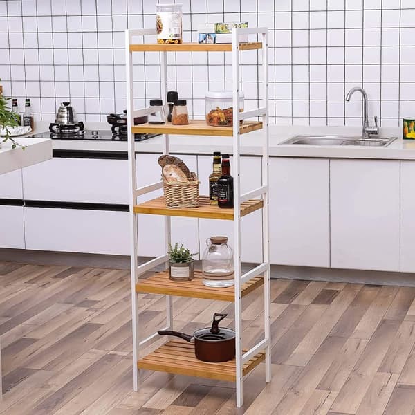Rootz-hyllytaso - Säilytysteline - Keittiökaappi - Bambu - Valkoinen - Beige - 5 tasoa - 45 x 31,5 x 142 cm