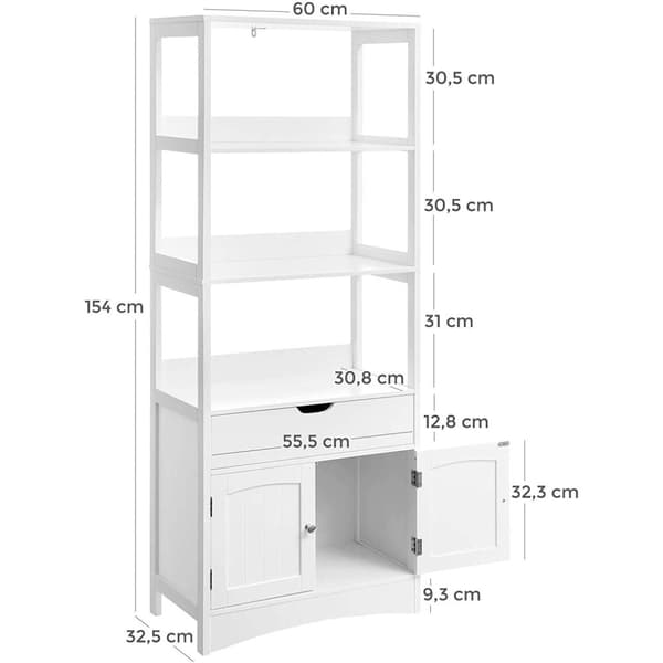 Rootz Opbevaringsskab - Højskab - Badeværelsesskab - 3 åbne rum - 1 skuffe - 2 låger - Hvid - 60 x 32,5 x 154 cm