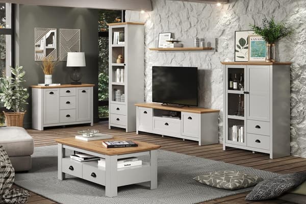 Rootz Display Cabinet - Showcase - Cupboard - Stand - Storage Unit - Furniture Piece - Light Grey/Artisan Oak - 97 x 130 x 41 cm