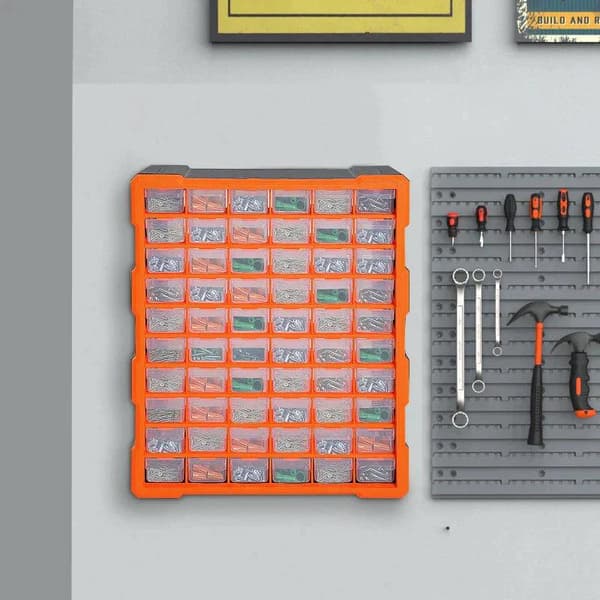 Rootz Storage Cabinet - Parts Organizer - Wall Mount - 60 Drawers - Orange - L38 x W16 x H47.5 cm