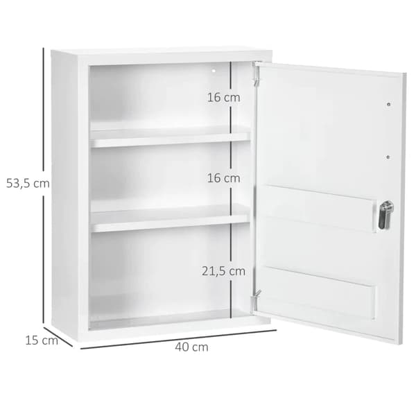 Rootz Medicinskab - 3 rum - Låsbart - Med receptrum - Robust stålhus - Hvid - 40 x 15 x 53,5 cm