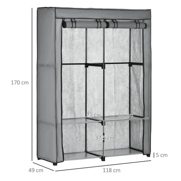 Rootz Tyggarderob - Bärbart tygskåp - Vikbar klädhängare - 4 hyllor - 2 hängskenor - Stål+Non-woven - Ljusgrå - 118 x 49 x 170 cm