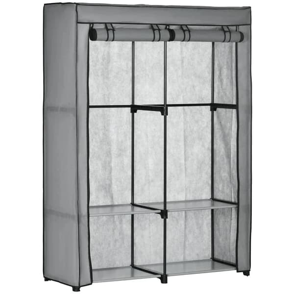 Rootz Tyggarderob - Bärbart tygskåp - Vikbar klädhängare - 4 hyllor - 2 hängskenor - Stål+Non-woven - Ljusgrå - 118 x 49 x 170 cm