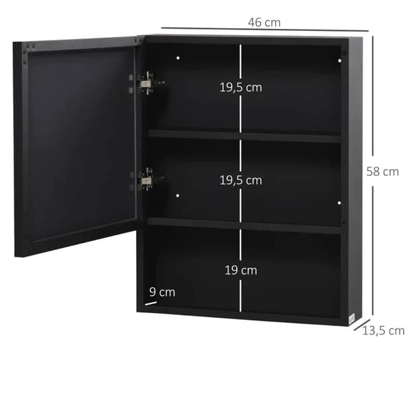 Rootz Spegelskåp - 2 inre hyllor - Öppen hylla - Stålhus - Svart - 46 x 13,5 x 58 cm