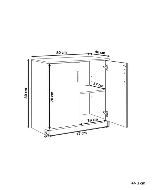 Kaappi musta vaalea puu 80 x 40 cm lastulevy metallikahvat lukittava 2 hyllyä 2 ovea moderni