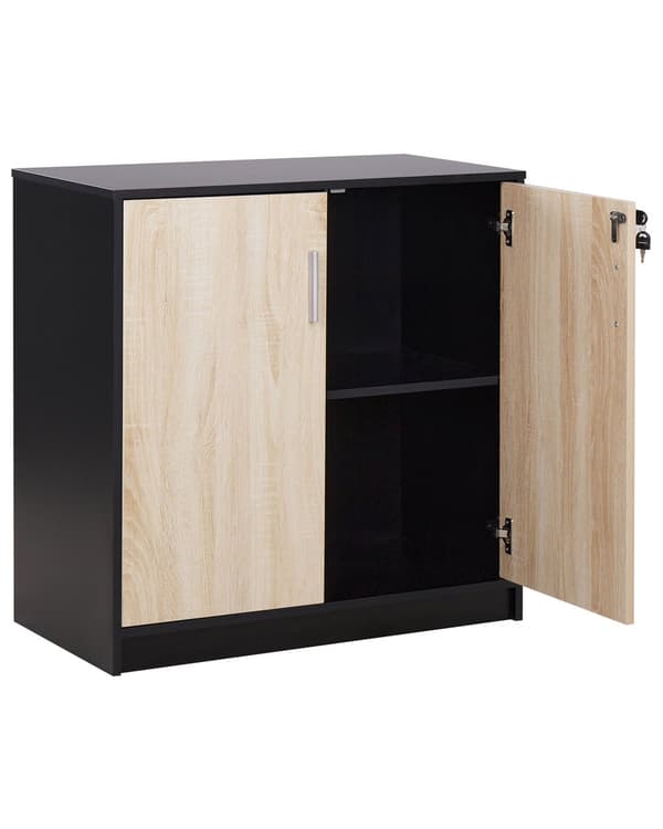 Kaappi musta vaalea puu 80 x 40 cm lastulevy metallikahvat lukittava 2 hyllyä 2 ovea moderni