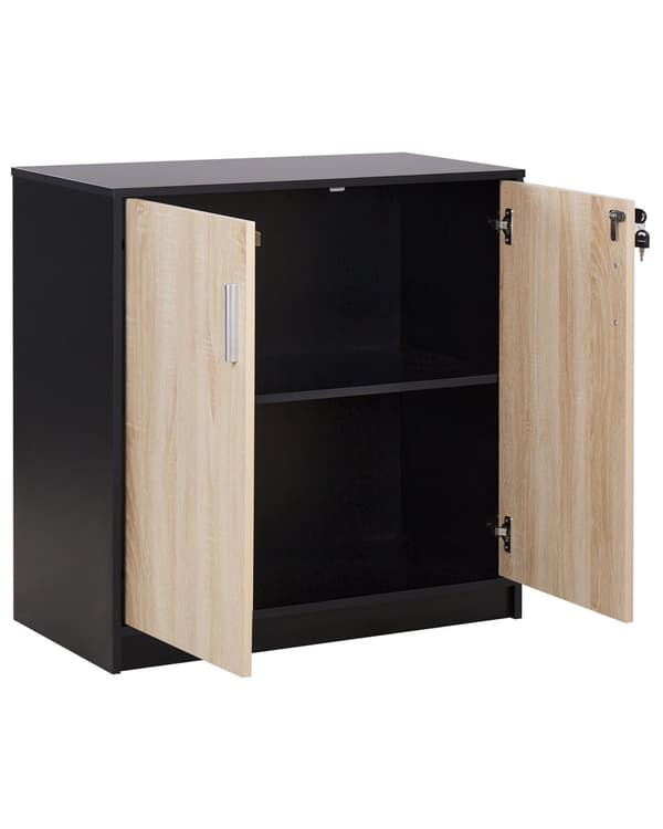 Kaappi musta vaalea puu 80 x 40 cm lastulevy metallikahvat lukittava 2 hyllyä 2 ovea moderni