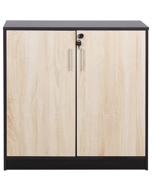 Kaappi musta vaalea puu 80 x 40 cm lastulevy metallikahvat lukittava 2 hyllyä 2 ovea moderni