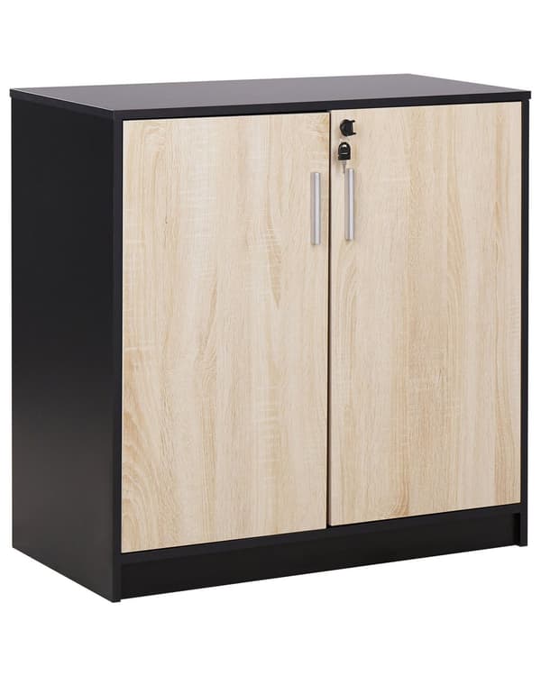 Kaappi musta vaalea puu 80 x 40 cm lastulevy metallikahvat lukittava 2 hyllyä 2 ovea moderni