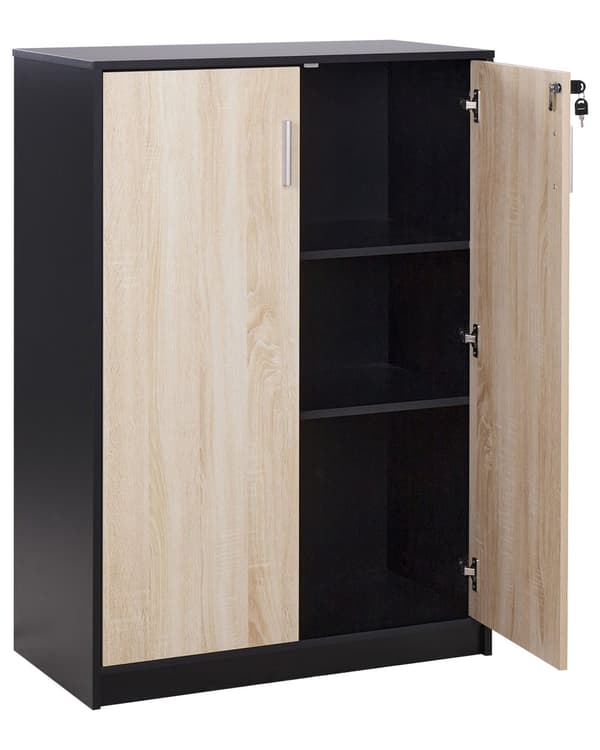 Kaappi musta vaalea puu 80 x 40 cm lastulevy metallikahvat lukittava 3 hyllyä 2 ovea moderni