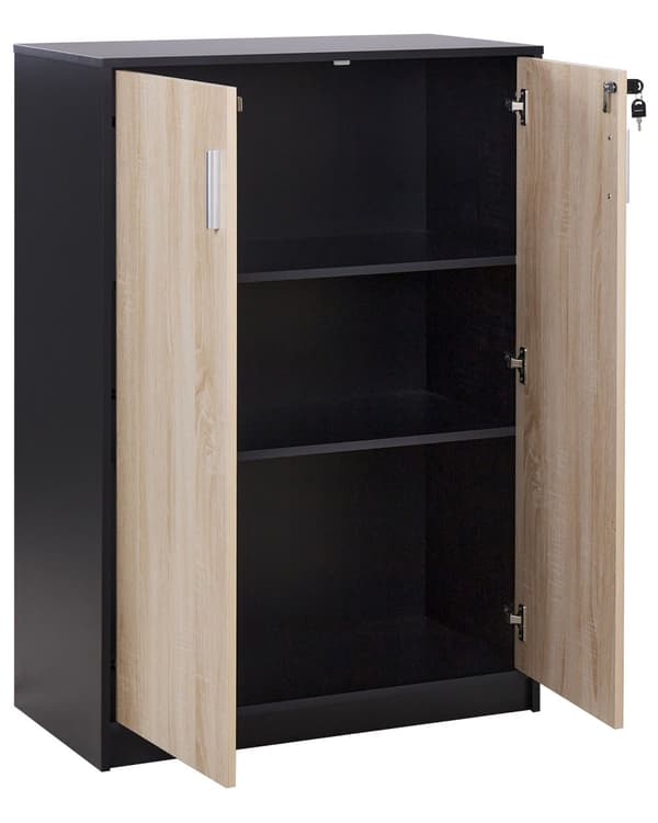 Kaappi musta vaalea puu 80 x 40 cm lastulevy metallikahvat lukittava 3 hyllyä 2 ovea moderni