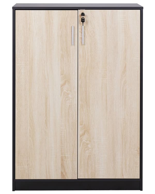 Kaappi musta vaalea puu 80 x 40 cm lastulevy metallikahvat lukittava 3 hyllyä 2 ovea moderni