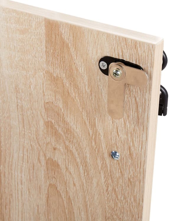 Kaappi musta vaalea puu 80 x 40 cm lastulevy metallikahvat lukittava 3 hyllyä 2 ovea moderni