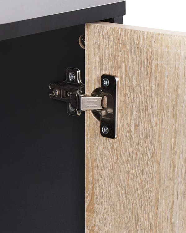 Kaappi musta vaalea puu 80 x 40 cm lastulevy metallikahvat lukittava 3 hyllyä 2 ovea moderni
