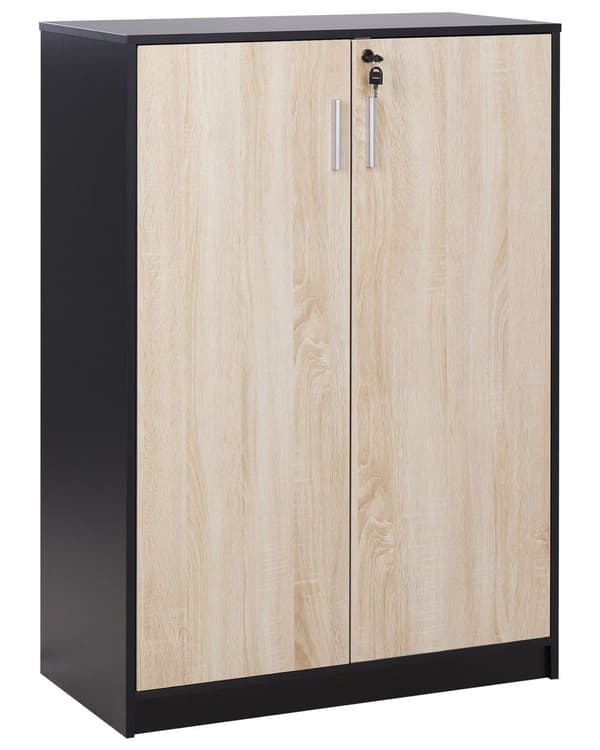 Kaappi musta vaalea puu 80 x 40 cm lastulevy metallikahvat lukittava 3 hyllyä 2 ovea moderni