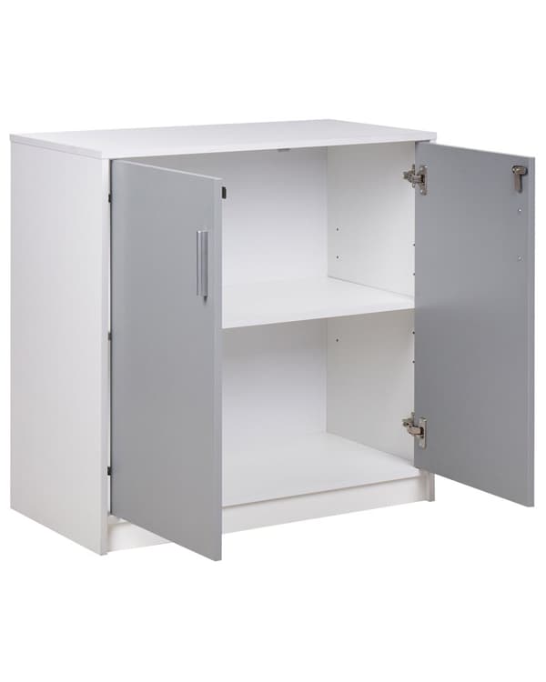 Kaappi valkoinen vaaleanharmaa 80 x 40 cm lastulevy metallikahvat lukittava 2 hyllyä 2 ovea moderni