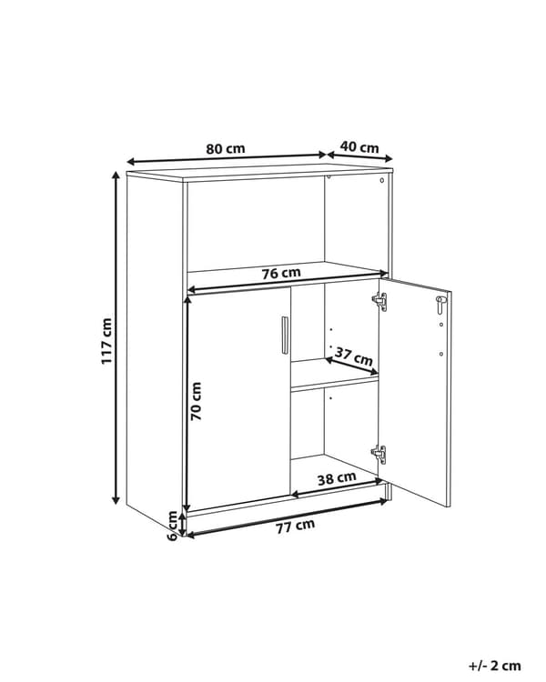Kaappi musta vaalea puu 80 x 40 cm lastulevy metallikahvat lukittava avohylly 2 hyllyä 2 ovea moderni